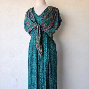Vintage 90s Carole Little Beaded Jumpsuit Cropped Tie Top Teal Blue Floral S/6